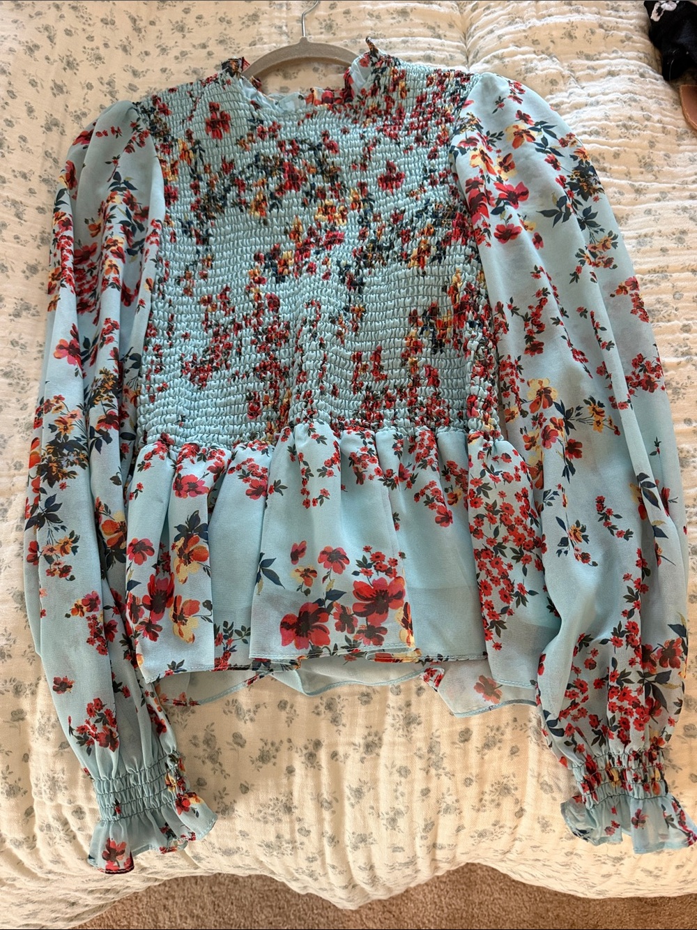 Floral Smocked Long-Sleeve Blouse - Light Blue